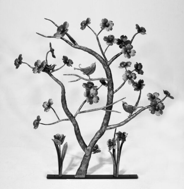 Dogwood Metal Tree Sculpture for a garden with Birds and nest with eggs
